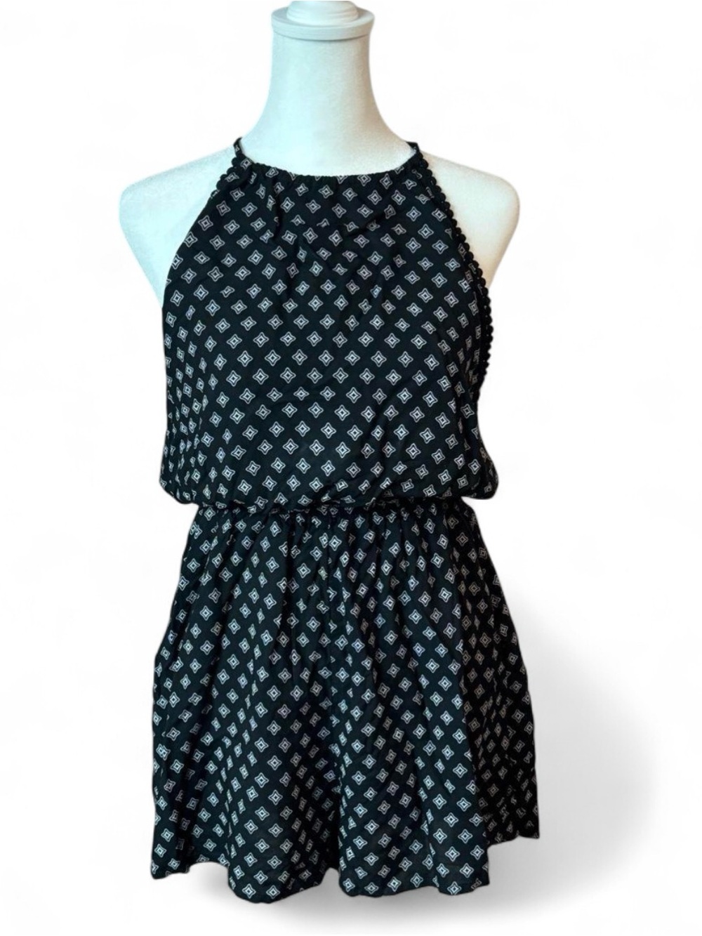 Monteau Black White Open Back Halter Romper Medium Boho Summer